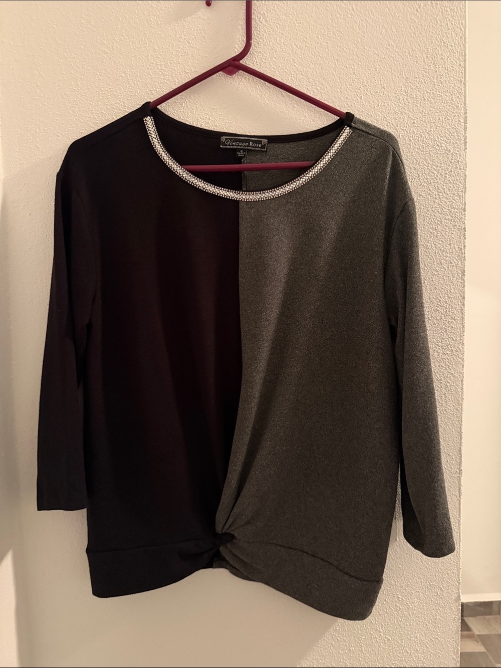 Vintage Rose Two-Tone Black and Gray Long Sleeve Top with Rhinestone Neckline
